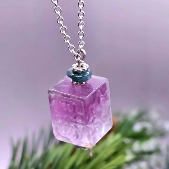 Nature Fluorite Carved Fret Symbols Cube Pendant Necklace - Picture 8 of 10